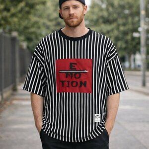 Referee Black/White Striped patterned Shirt with Red Accent “Emotion” graphic